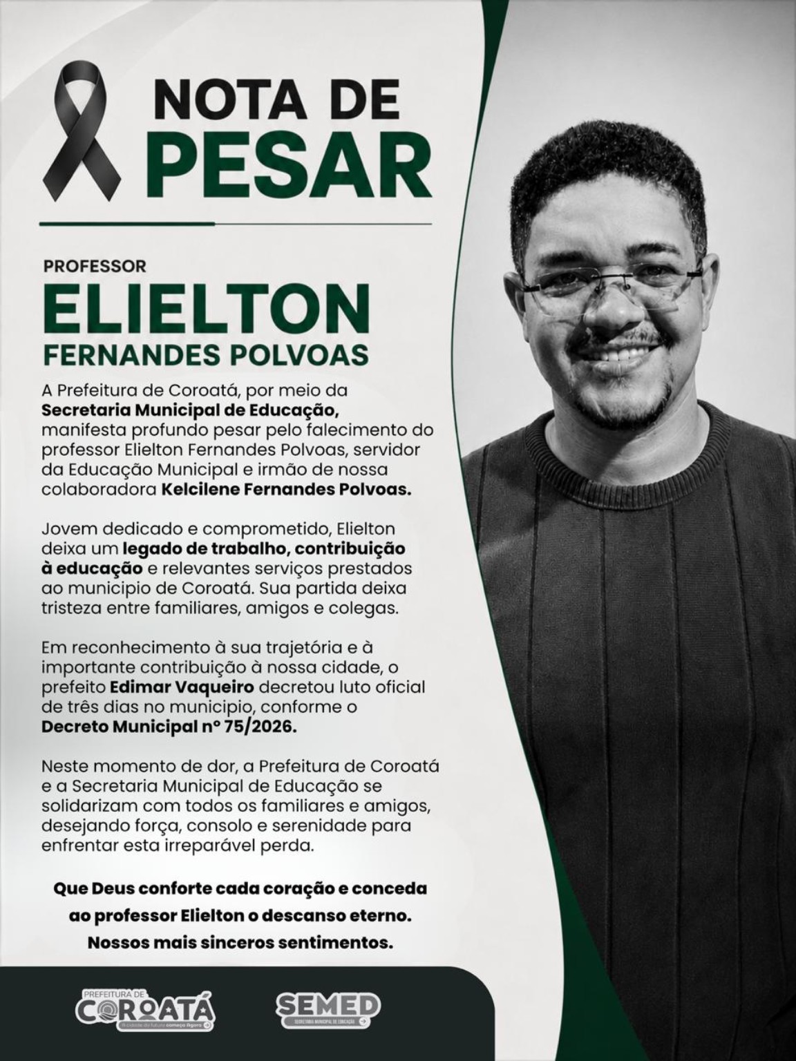 Nota de pesar em homenagem ao professor Elielton Fernandes Polvoas
